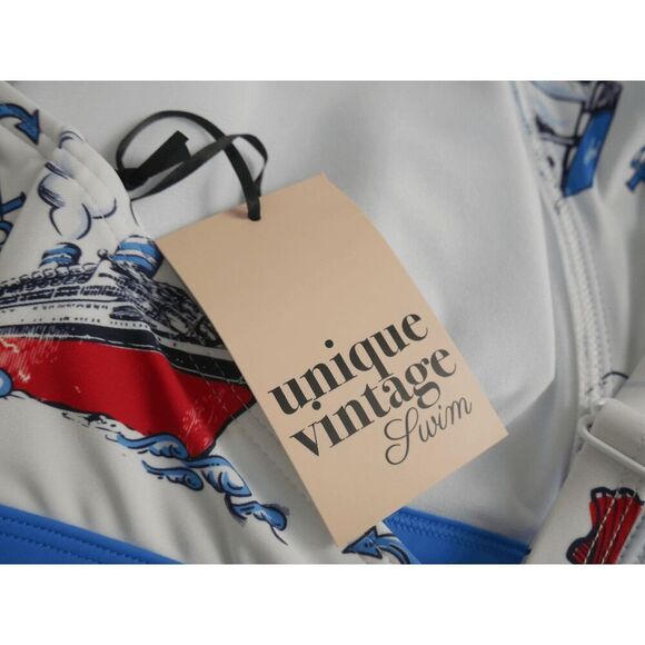 Unique Vintage Nautical Ruffle Swim Top | 1X | White Blue Print | Adjustable Str - Picture 6 of 6